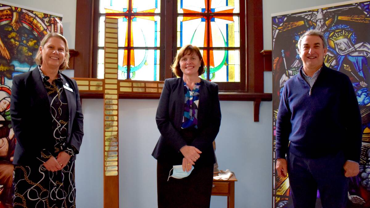 WELCOME TO THE FAMILY: O'Connor Catholic College outgoing principal Regina Menz with incoming principal Clare Healy and Catholic Schools Office director of schools Chris Smyth at the announcement on Monday. Picture: supplied.