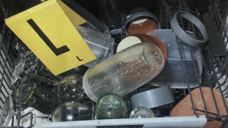  Crime scene: A photo of the unwashed tumbler in the dishwasher at the Pandora home, photographed by police in August 2017. Photo: Supplied