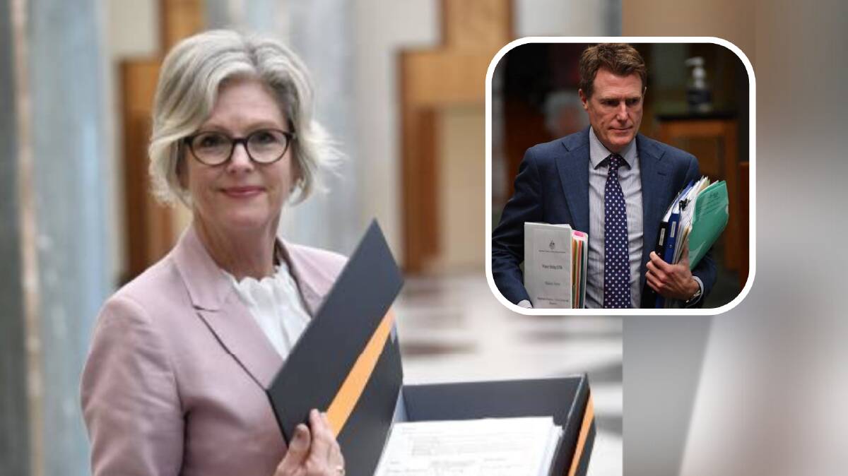 Indi MP Helen Haines presenting a petition last year calling on the government to release legislation for a federal integrity commission. Picture: David Foote, APH. Christian Porter (inset).