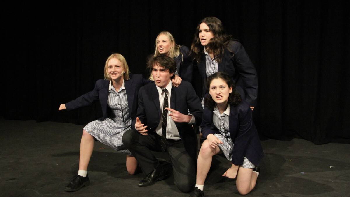 From left TAS students Chelsea Bourke, Meave Churchyard, (bottom) Felicity Barton, Jasper ONeil and Netty Wysall examine toxic popularity in The Prefects. 