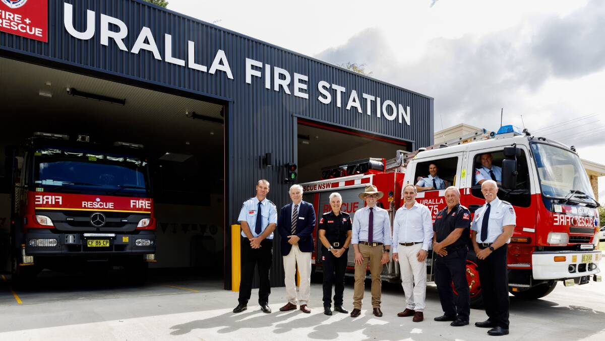 Uralla Fire Captain Ben Pascoe, left, Mayor Robert Bell, Fire & Rescue NSW Assistant Commissioner Cheryl Steer, Northern Tablelands MP Adam Marshall, Emergency Services Minister Jihad Dib, Superintendent Tom Cooper and Inspector Peter Nugent at the unveiling of the revamped fire station. Photo Simon Scott Photo
