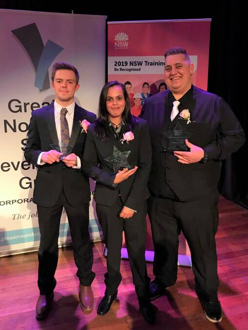 WINNERS: From left, Jordan Balcombe, Jacinta Rowe, and Christian Fritze at the New England Region 2019 NSW Training Awards.