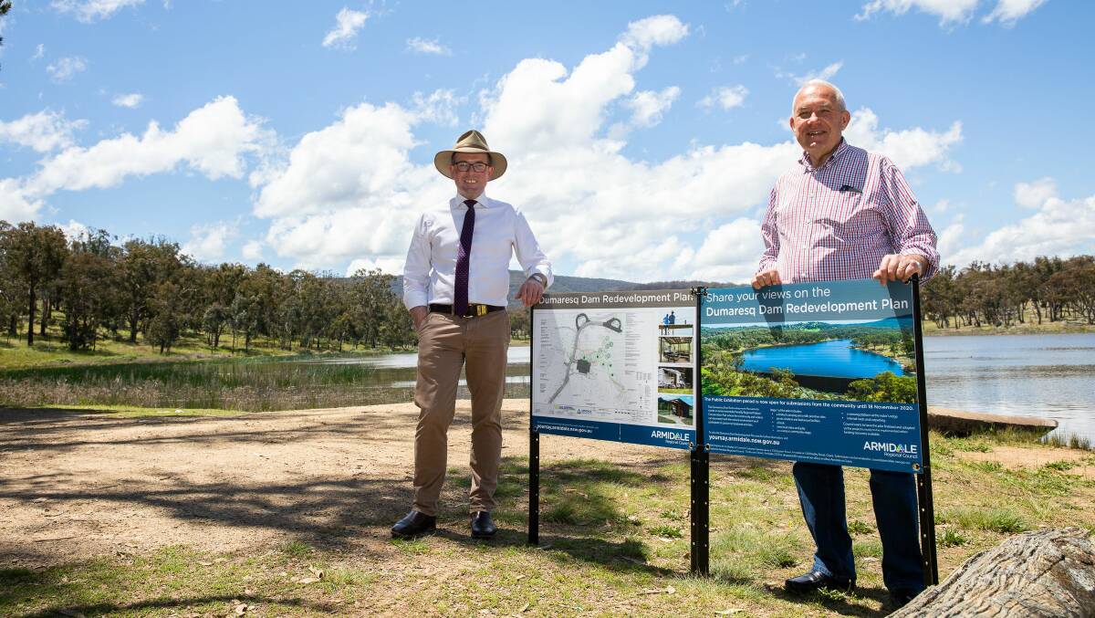 Northern Tablelands MP Adam Marshall and Armidale Regional Council administer Viv May at Dumaresq Dam on Monday for the funding announcement.