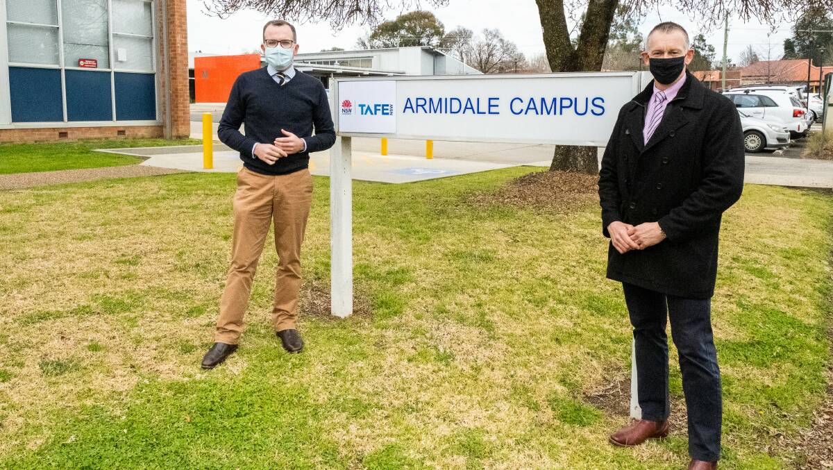 A major digital upgrade at Armidale, Boggabilla, Inverell, and Moree TAFE NSW campuses will increase access to courses, with Northern Tablelands MP Adam Marshall, left, and Team Leader Tourism and Experiences Services Matthew McAllister discussing the move to establish high-tech, modern learning spaces.