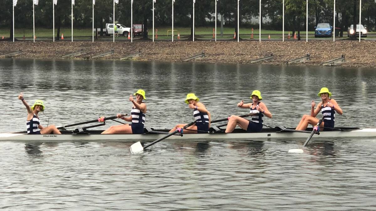 Emma Benham (cox), Sophie Grant, April Draney, Hannah Neilson and Eliza Ward were pleased with their second placing at the Kings/PLC Regatta.