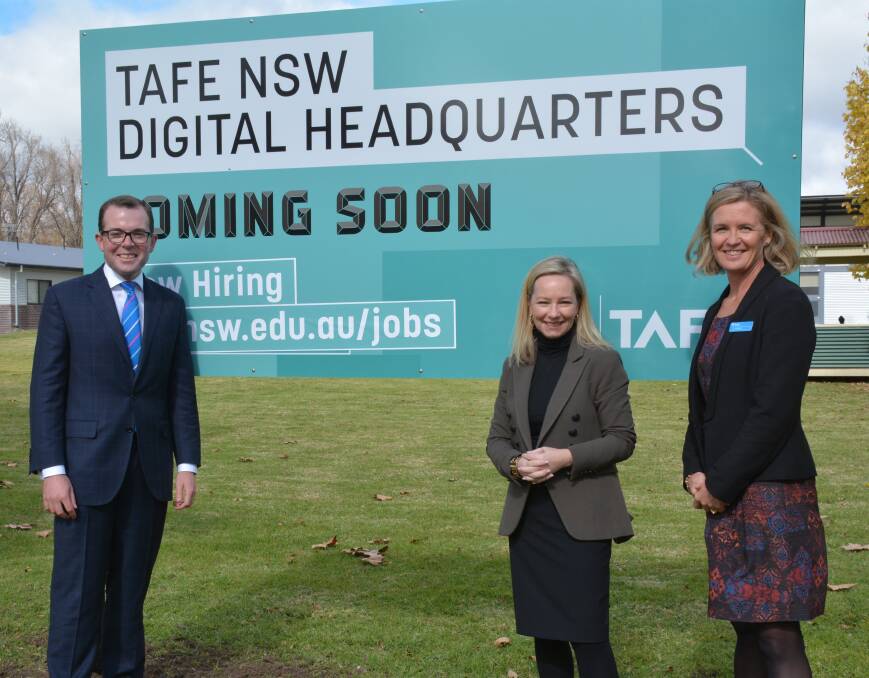 Northern Tablelands MP and Assistant Minister for Skills Adam Marshall, left, with TAFE Digital General Manager Megan Aitken and Head of Education Lyn Rickard at the site of the TAFE Digital HQ in Armidale. 
