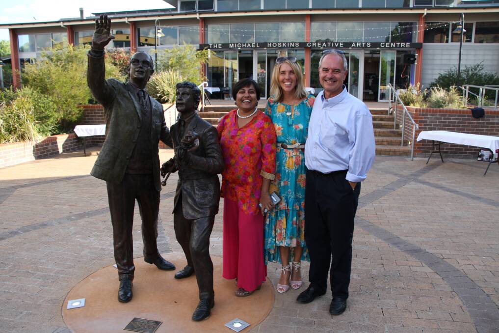 Sculptor Tanya Bartlett (centre) with Ami Davie (left) Mike Hoskins (right) who commissioned her to create a work celebrating the creative spirit at The Armidale School.