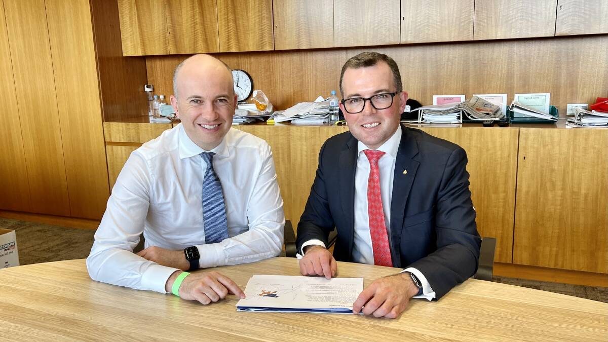 Member for Northern Tablelands Adam Marshall, meets with Energy Minister Matt Kean this week in State Parliament about the communitys opposition to the Thunderbolt wind farm proposal. Picture: Supplied