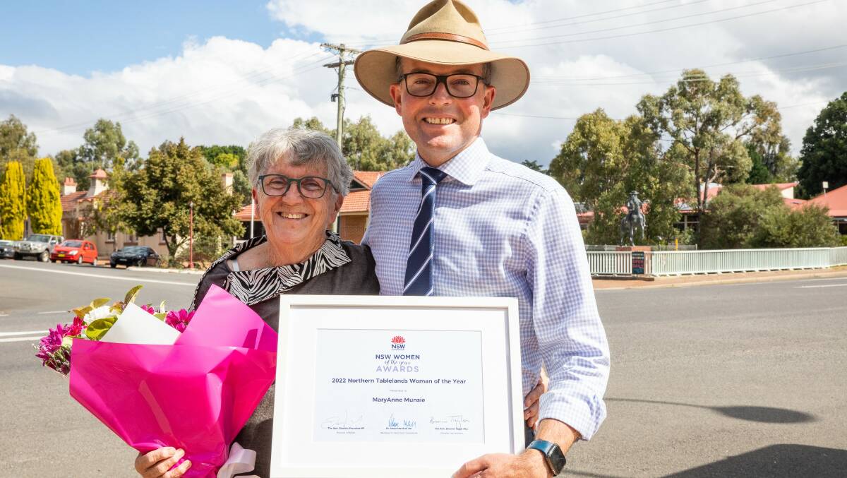 HONOUR: Northern Tablelands Woman of the Year for 2022, Urallas MaryAnne Munsie, is congratulated by State MP Adam Marshall this week. Picture: Supplied