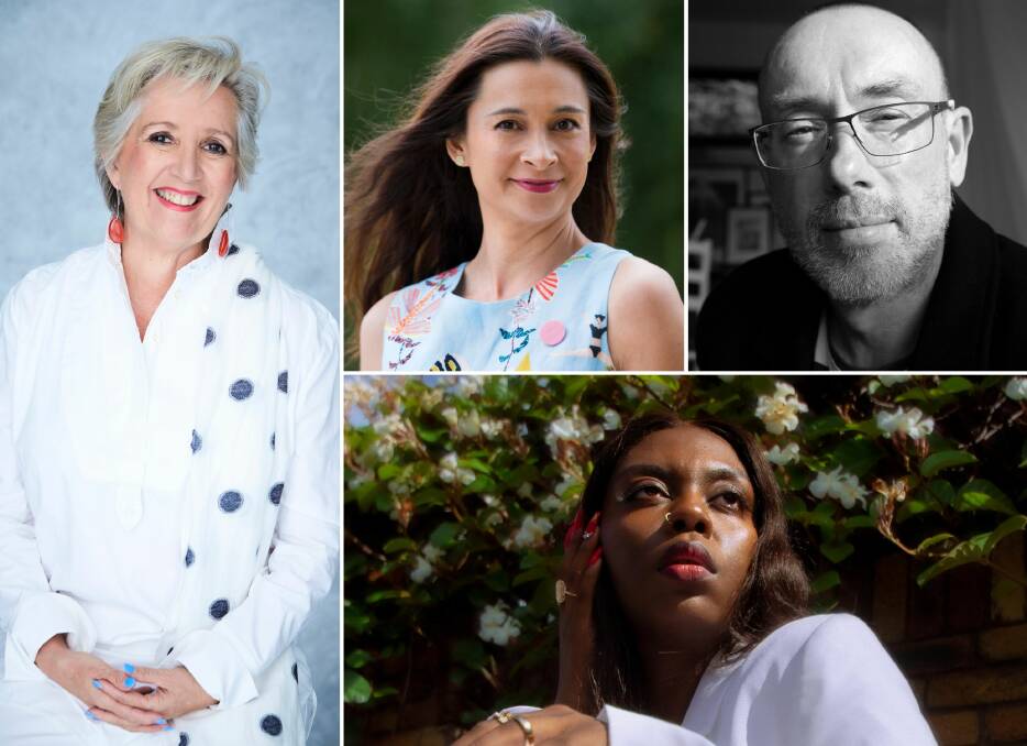 The four authors (clockwise from left) Jane Caro, Mirandi Riwoe, Nigel Featherstone and Huda Fadlelmawla will visit the New England region for Writers on the Road. Pictures: Supplied