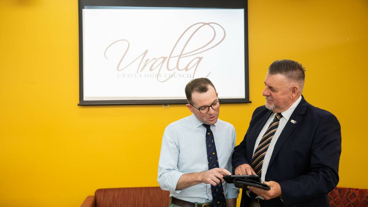 Northern Tablelands Adam Marshall and Uralla Shire Mayor Michael Pearce check out the new online Uralla Shire Business and Tourism Directory.