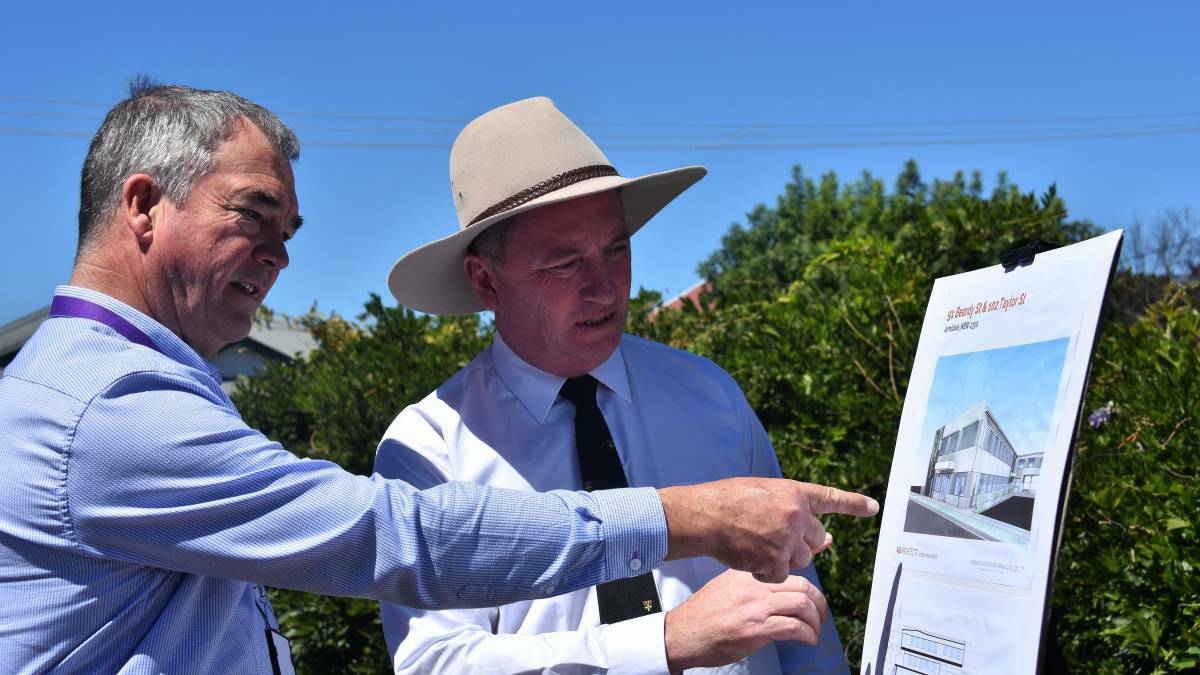 Barnaby Joyce with mayor Simon Murray at the announcement of the APVMA site last year. Picture: Meg Francis
