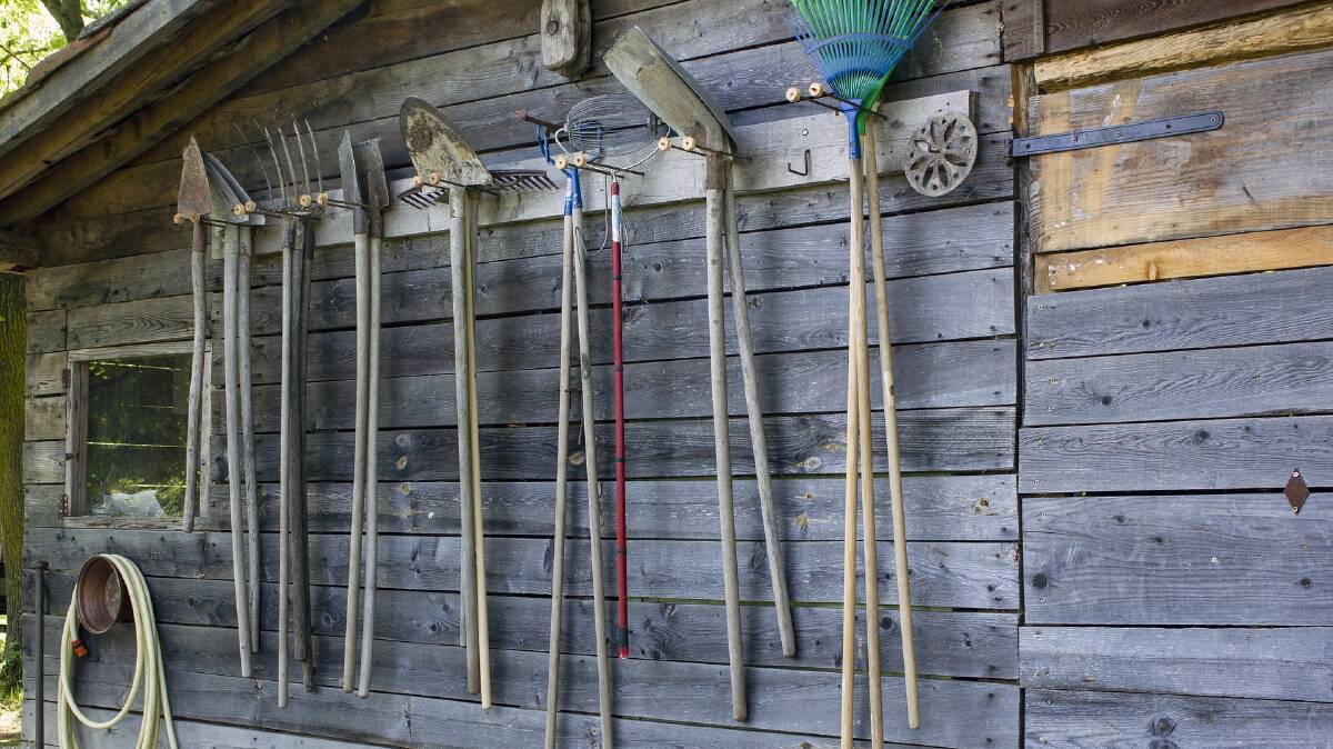These garden tools are easy to access and hanging up but are still under cover so they stay dry. Protect them further by washing soil and mud off before hanging them up, and regularly oiling wooden handles.