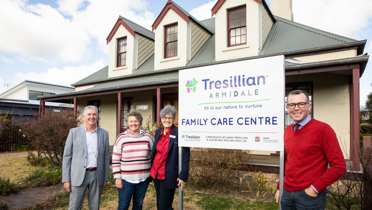 Tresillian Family Care Centre CEO Rob Mills, left, Inverell Tresillian 2U provider Kirsty Wall, Tresillian Armidale Manager Trudie Laffan and Northern Tablelands MP Adam Marshall, right, inspecting the newly established facility on Armidales Rusden Street.