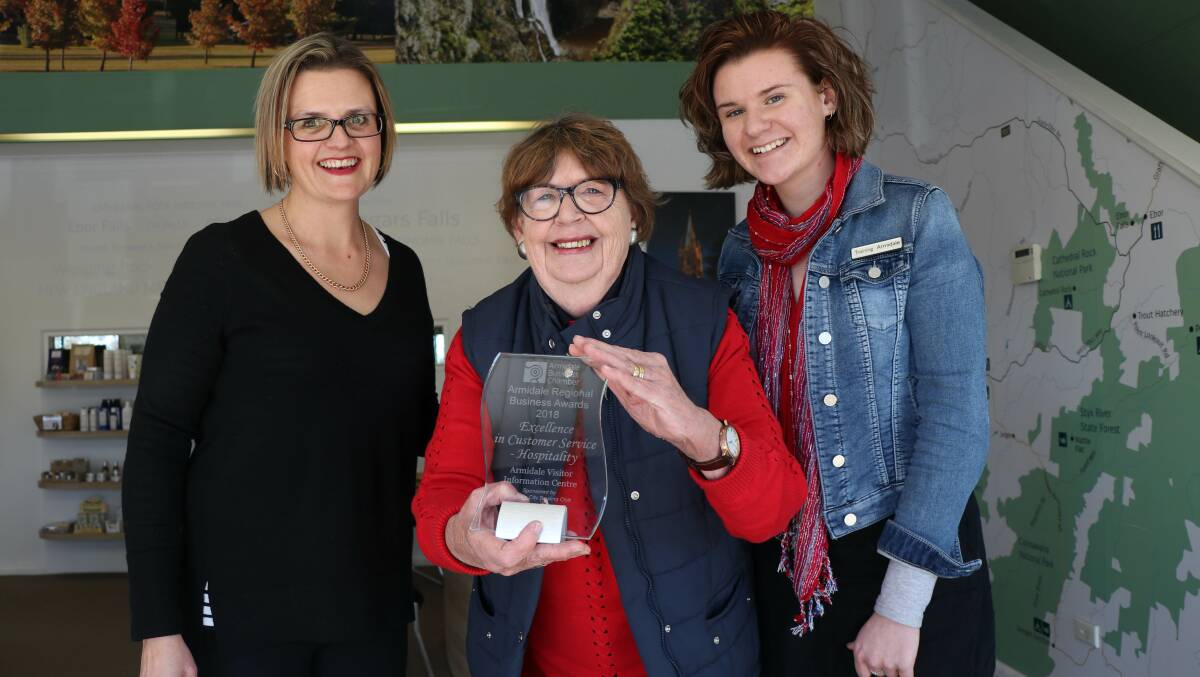 It’s been an exceptional year for the Armidale Visitor Information Centre, with attendances increasing, a business award and special recognition for its volunteers. Pictured with the regional business award presented in August are (from left) manager Katrina George with volunteer Margaret McLeod and trainee Ella Mattinson.