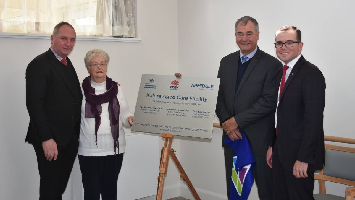 New England MP Barnaby Joyce, Guyra citizen of the year Dot Vickery, Armidale Regional Council Mayor Simon Murray, and Northern Tablelands MP Adam Marshall at the recent opening of the aged care facility. Photo: Nicholas Fuller