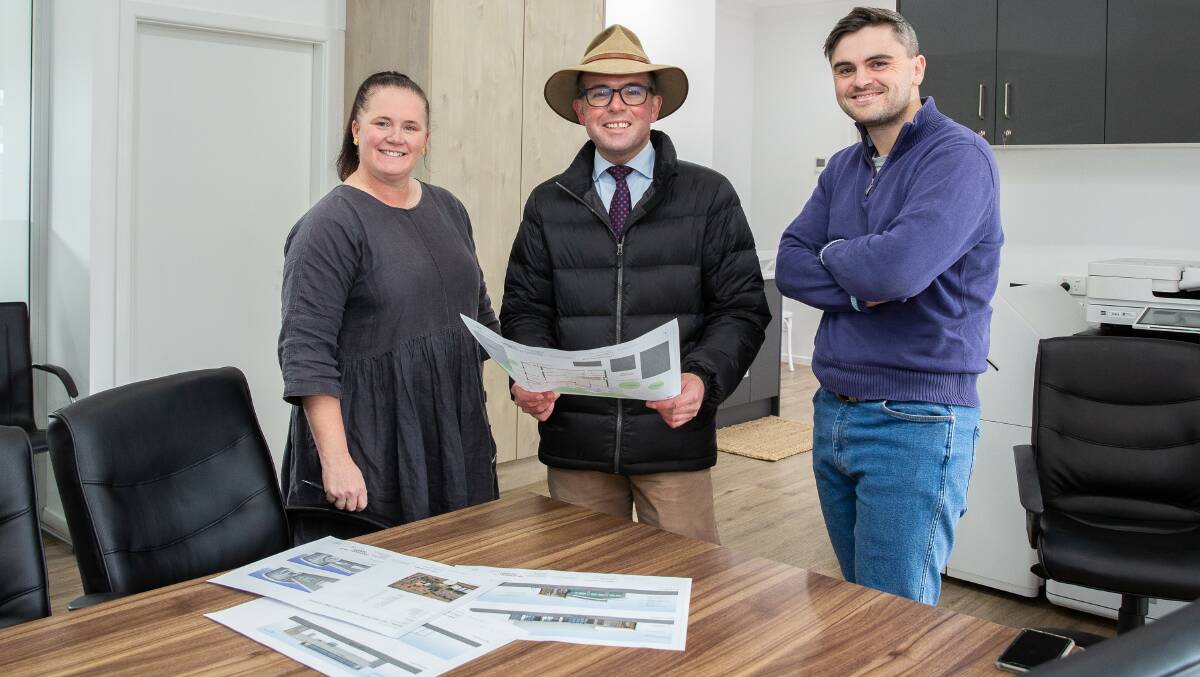 EARLY EDUCATION INCREASE: Inverell District Family Support CEO Nicky Lavender, Northern Tablelands MP Adam Marshall and Operations Manager Tom Devlin look over plans for the new 30-place early childhood education centre. Picture: Supplied