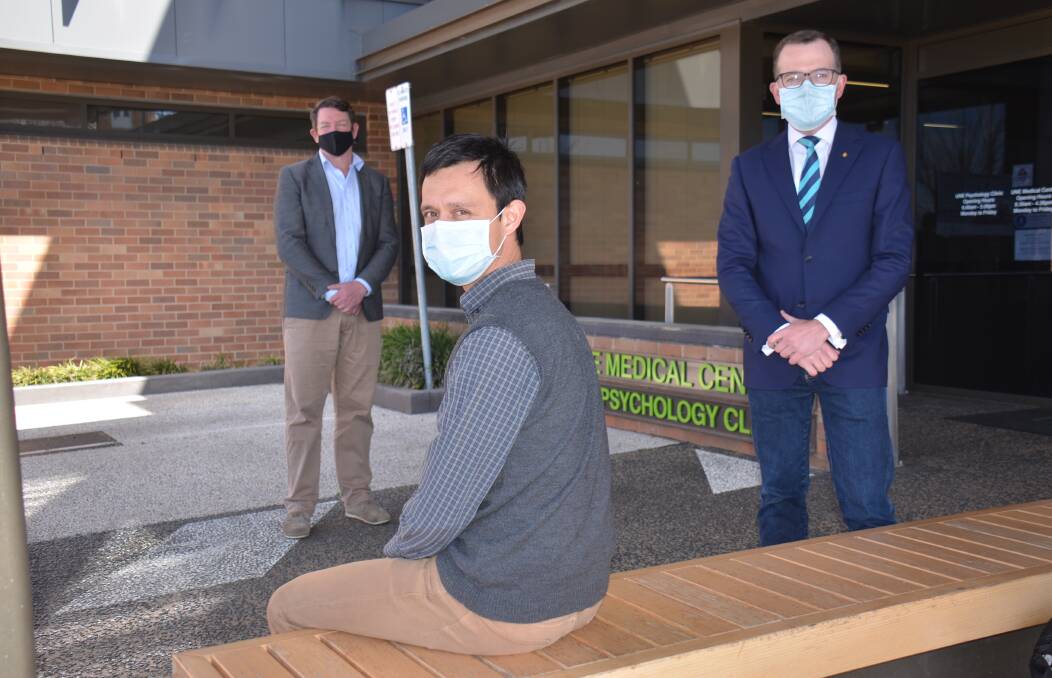 Dr Joseph Turner (centre) with Northern Tablelands MP Adam Marshall and Director of UNE Life David Schmude outside the medical centre, which will be used as a walk-in vaccination hub on Saturday. Picture: Laurie Bullock