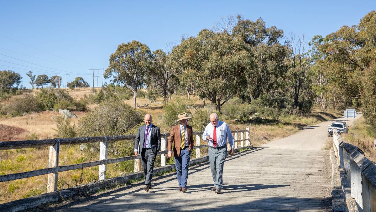 Council General Manager James Roncon, Northern Tablelands MP Adam Marshall and Mayor Ian Tiley inspecting Bakers Creek Bridge, which will soon be replaced thanks to $1.3 million funding from the State Government.