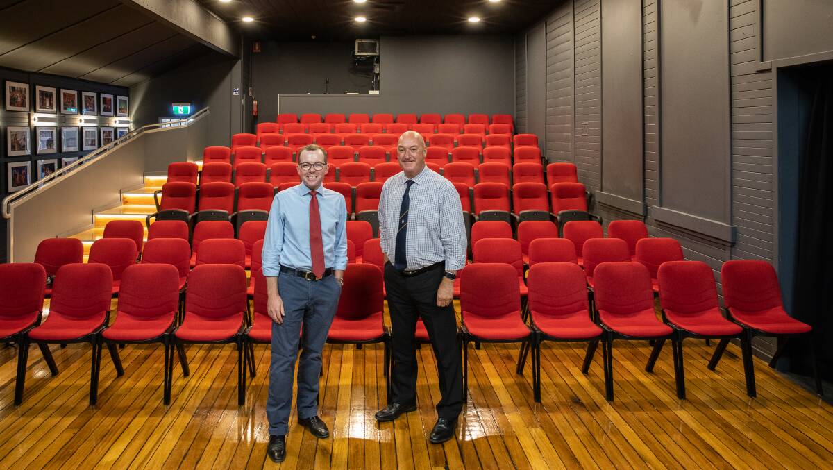 Northern Tablelands MP Adam Marshall and Armidale Dramatic and Musical Society President Neil Horton inside the venue.
