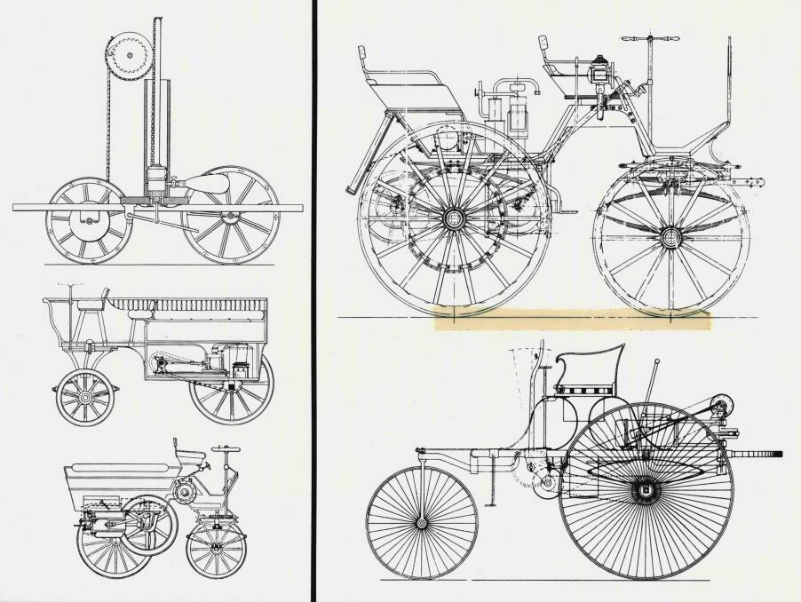 The 19th century saw many engineers turn their creative energies towards the development of the 'automobile', with varying degrees of success. On the left are three of the forerunners of the 'automobile'. From top to bottom are the vehicles of: 1807 - Isaac de Rivaz 1863 - Jean Lenoir 1883 - Edouard Delamare Debouteville On the right are the first two vehicles to fit the modern definition of 'automobile' - the carriage of Gottlieb Daimler (top) and the tricyle of Karl Benz (below) - both taking to the roads of Germany in 1886. October 09, 1984.