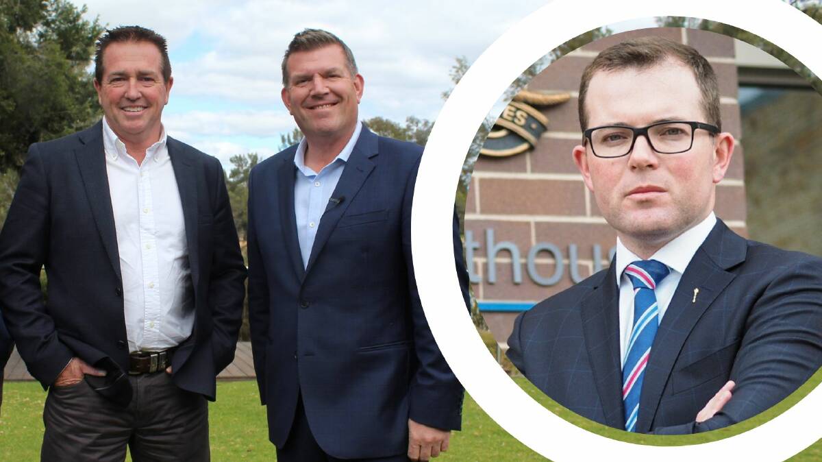 Old leader Paul Toole, new leader Dugald Saunders and (inset) Northern Tablelands MP Adam Marshall.