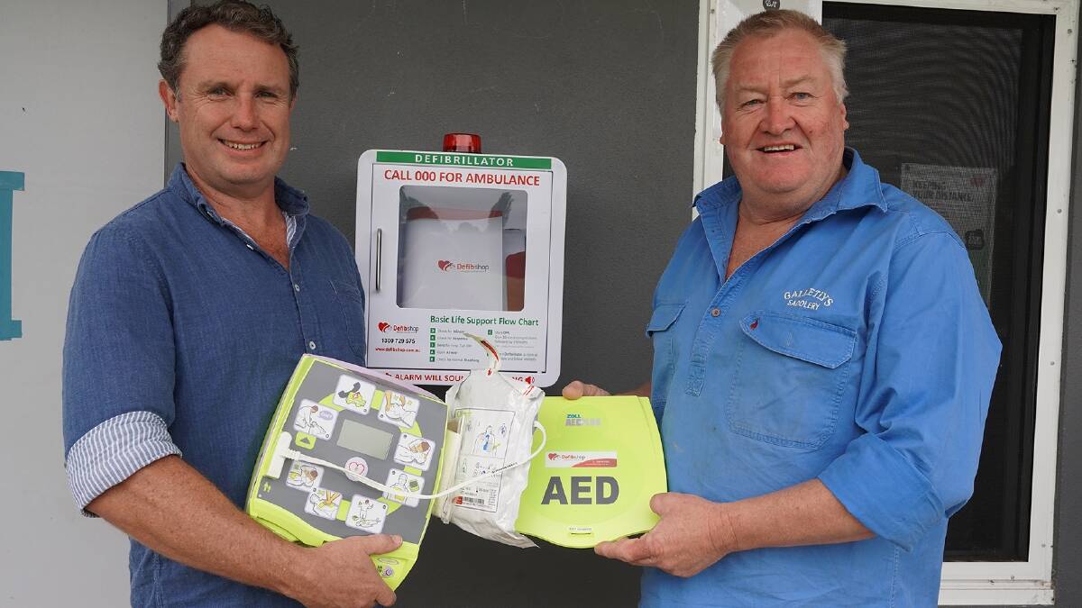 LIFE SAVER: Mayor Sam Coupland and Sports Council committee member Cr Jon Galletly with one of the new defibrillators located at Rologas Fields. Picture: Supplied