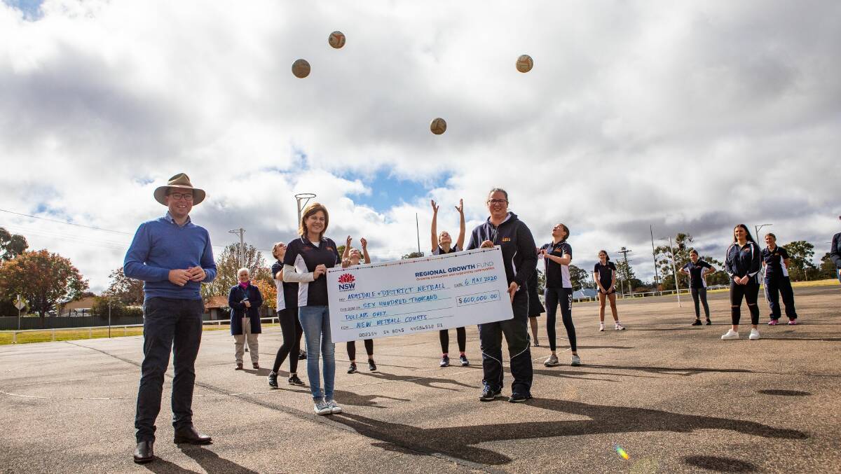 Northern Tablelands MP Adam Marshall celebrating the $600,000 funding with Armidale & District Netball Association President Justine Kavanagh, coaching co-ordinator Rochelle Joyce and local netballers.