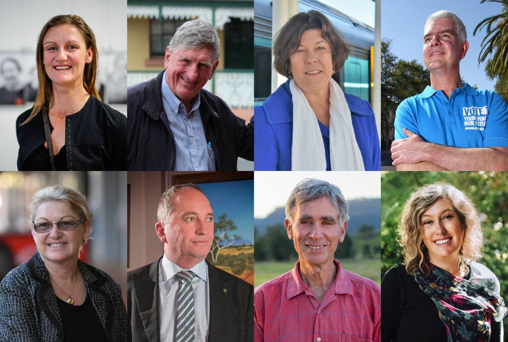 ALL THE CANDIDATES: (Clockwise from top left) Natasha Ledger, Rob Taber, Yvonne Langenberg, Adam Blakester, Cindy Duncan, Barnaby Joyce, Tony Lonergan and Julie Collins.