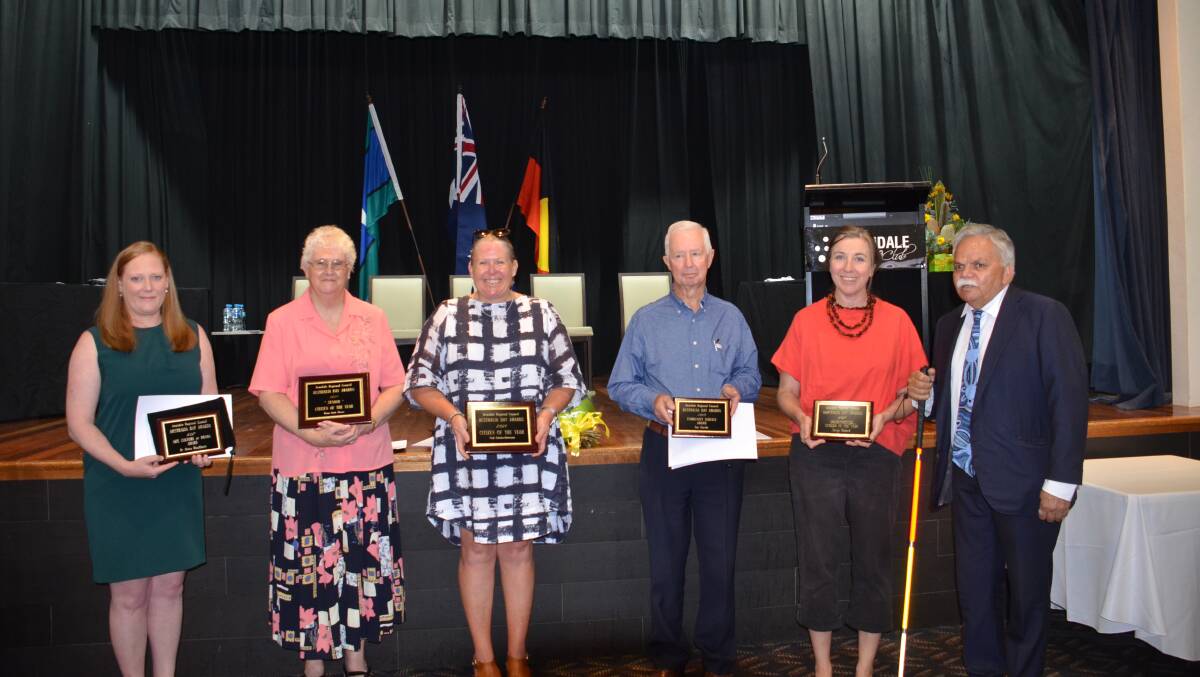 Last year's Armidale Australia Day award recipients (from left) Dr Alana Blackburn, Diane Ruth Cherry, Nicki Scholes-Robertson, Ian Garske and Australia Day Ambassador Steve Widders. Photo: Vanessa Arundale.