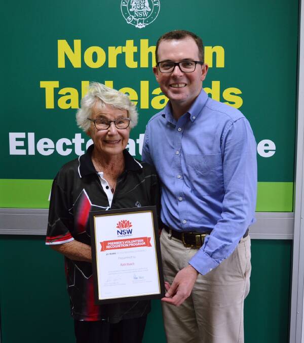 HONOUR: Armidale’s Ruth Blanch receives her 25-year volunteer recognition from local MP Adam Marshall.