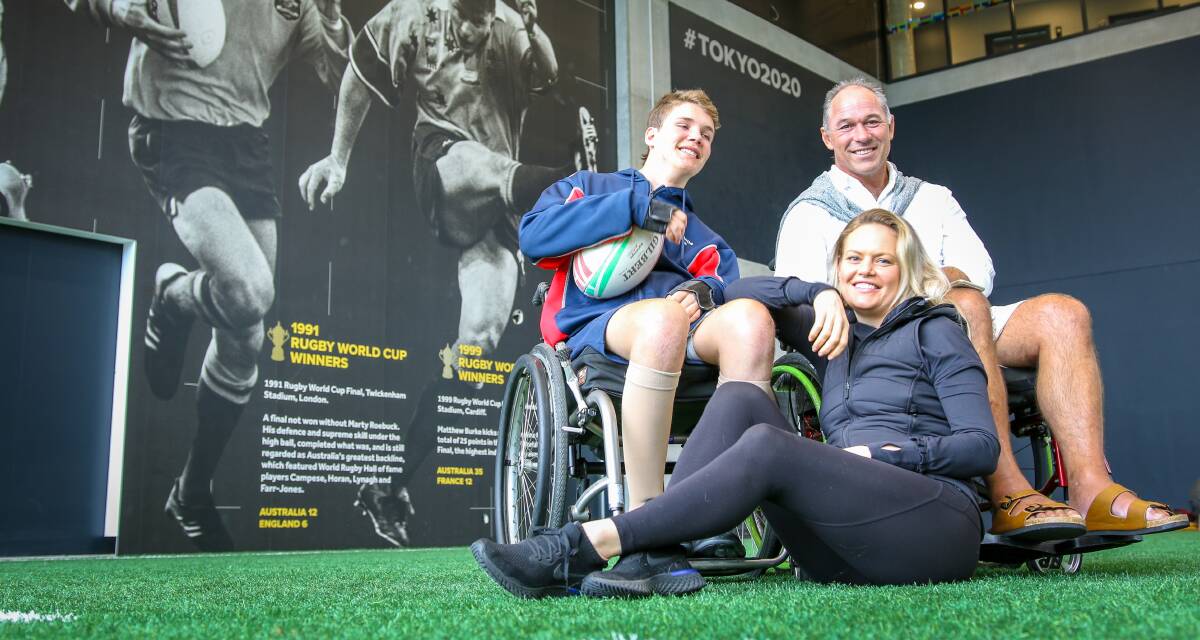 GIVING BACK: Alex Noble, Richard Tombs and Tess Moroney, who have all suffered spinal injuries and who banded together to raise money for people who suffer similar injuries. Photo: Marty Cambridge/RugbyAU