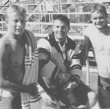 Olympians: John Oravainen, Don Talbot (co-coach) and Bill Burton poolside in Ayr, at the Australian training camp for the 1962 Perth British Empire and Commonwealth Games. 