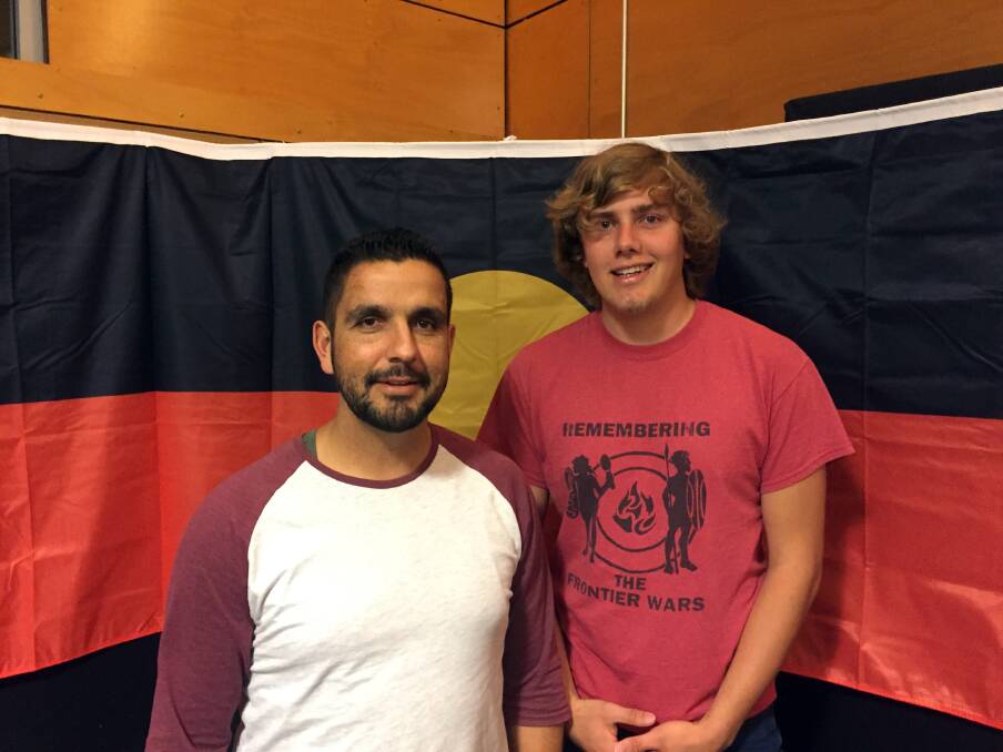 ANCIENT LANGUAGE REVIVAL: Brad Widders and linguist Callum Clayton-Dixon at the Anaiwan Language Symposium held at UNE on Wednesday night. Photo: Rachel Baxter.