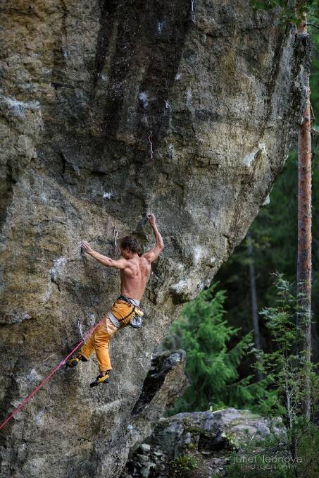 Professional rock climber: Sasha Gerzha in action. He says rock climbing gets you hooked.