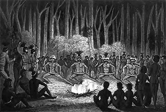 1842: A dance in the Macleay Valley at the end of an initiation ceremony. A key issue that Terry Crowley had to address in his work was the relationship between the Anaiwan or Nganjaywana language and those on the coast.