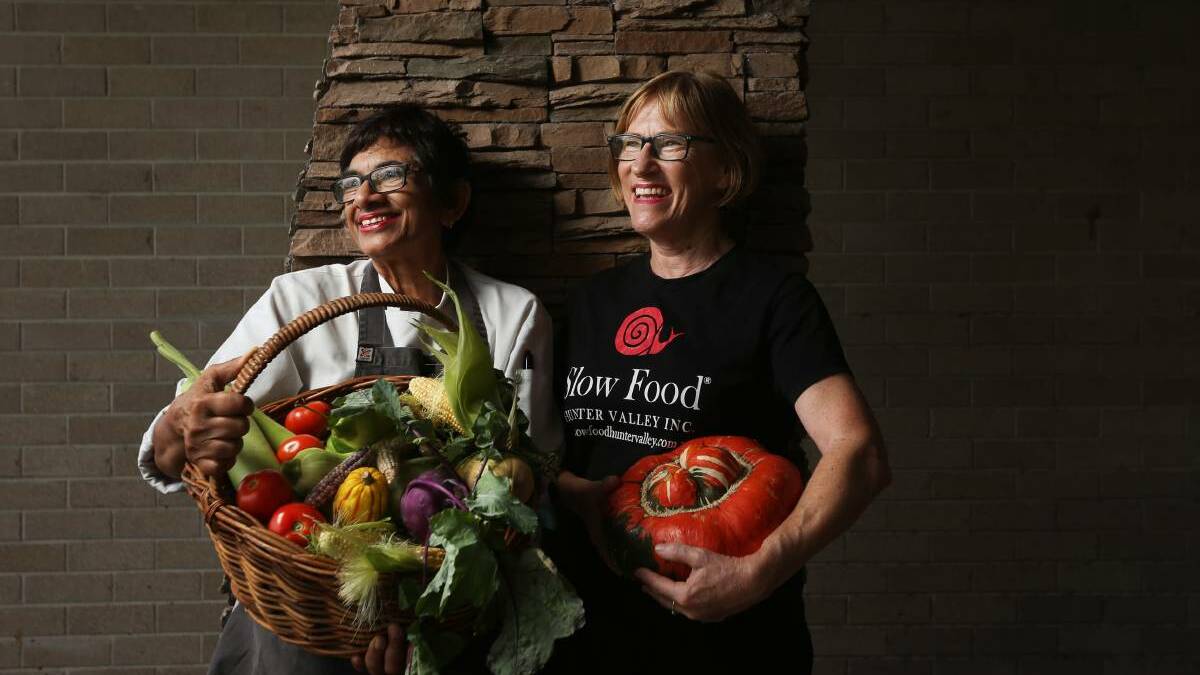 RECIPE ROADSHOW: Slow Food Earth Market Maitland chairwoman Amorelle Dempster and honorary secretary Helen Hughes with a range of seasonal vegetables. Picture: Simone De Peak