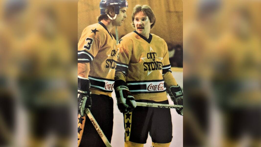 Sandi Logan (L) with defence partner Dan Pedersen for the Sydney All Stars in the NIHL in 1980. Picture: supplied