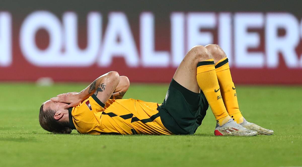 Jackson Irvine reacts to the Socceroos' costly recent 2-2 draw against Oman. Picture: Getty Images