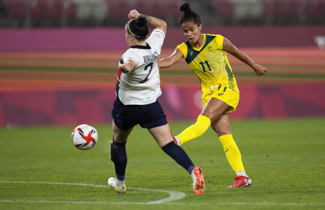 Mary Fowler's deflected effort made it 3-2 to Australia. Picture: AAP