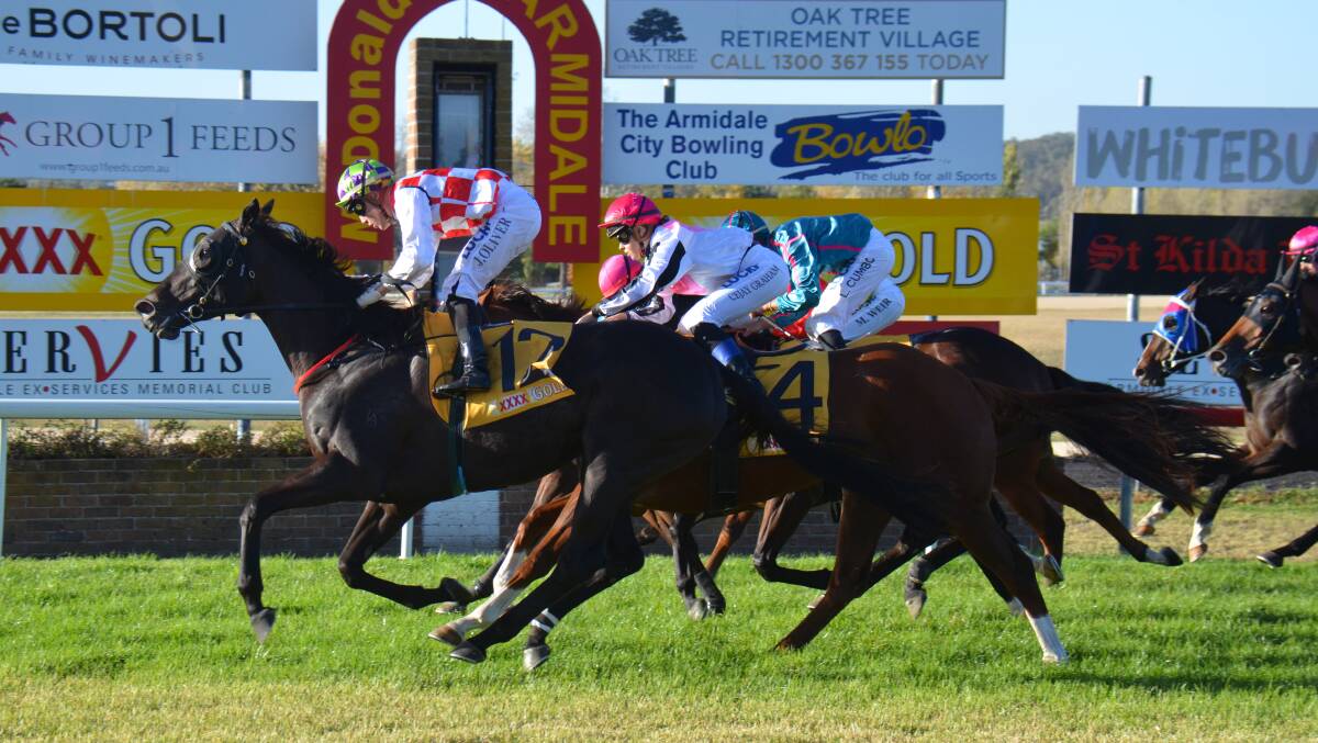 STRONG FINISH: Exilia Miss crossed the line nearly half a length in front of favourite Niccobelle to win Sunday's Guyra Cup. 