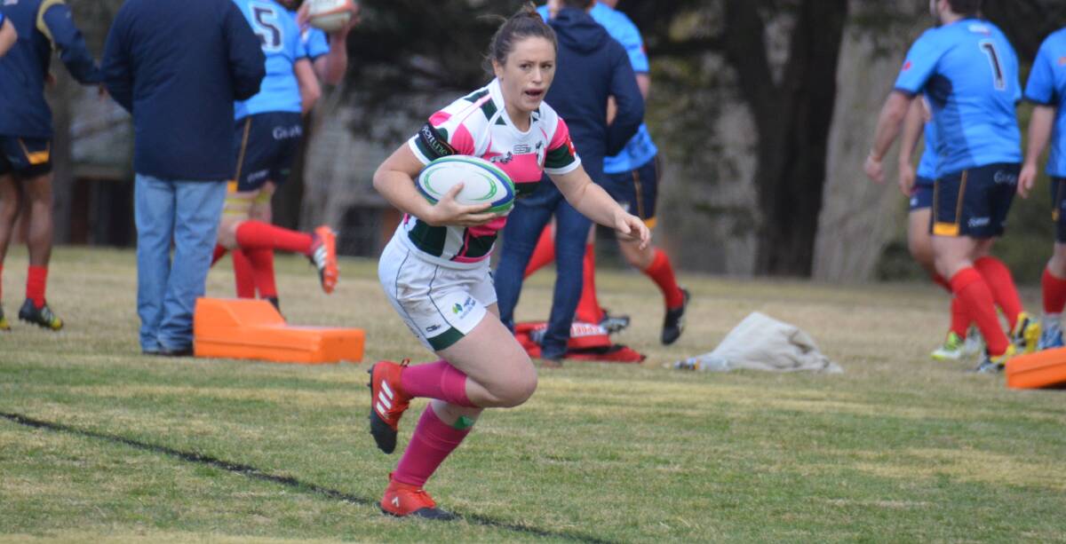 SEVENS: Lauren Clarke finds the tryline for Robb College in the 2018 New England Rugby Union competition. 