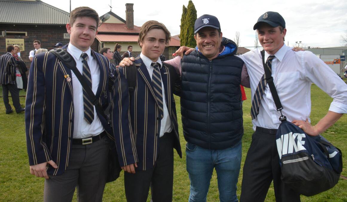 RUBBING SHOULDERS: Students Cal Moffatt, Sam Weston and Nick Kirk heard from Old Boy and former Wallaby Jamie Holbeck about mental health.