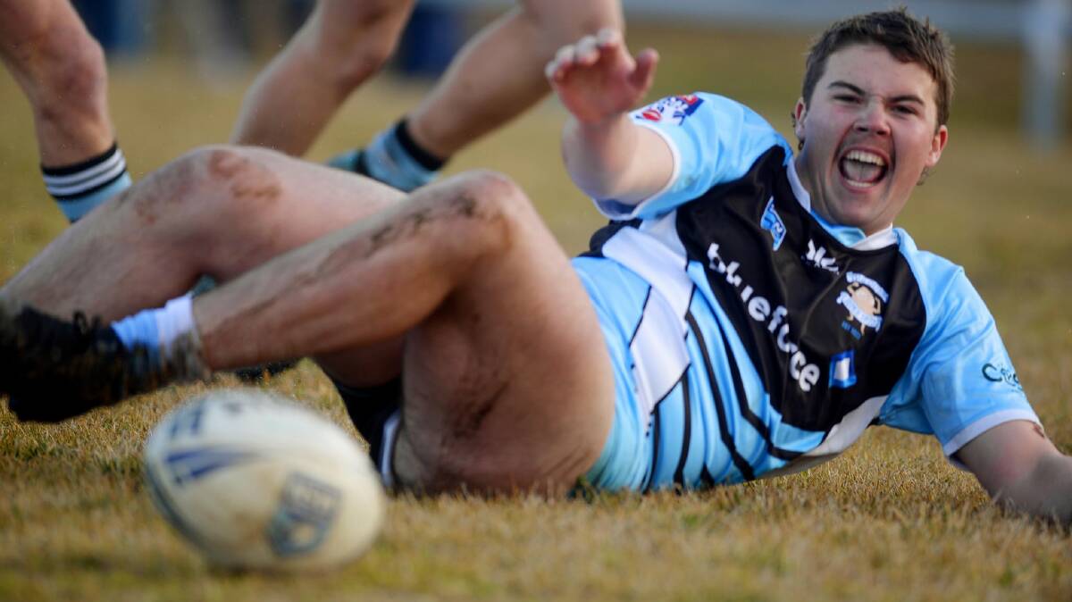 Taylor Brennan celebrates a try in Saturday's flogging of Armidale Rams. Photo: Grant Robertson