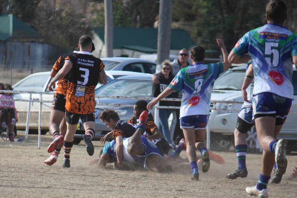 FINAL HURRAH: Armidale forward Mike Ware crashes down for a four-pointer in the Rams win over Tingha last Saturday. The Rams clash with Narwan Eels in a local derby for Old Boys' Day this Saturday. Photo: Jess Smith. 
