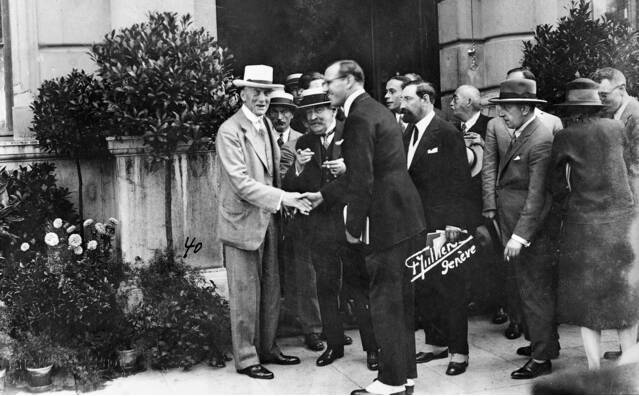 MARKED RESEMBLANCE: Sir Joseph Chamberlain, left, in Switzerland in 1926. Picture: F H Jullien, courtesy of Australian War Memorial
