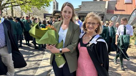 Michaal Monk with Nicola Taylor after giving a graduation speech to PLC's class of 2023. Picture supplied. 