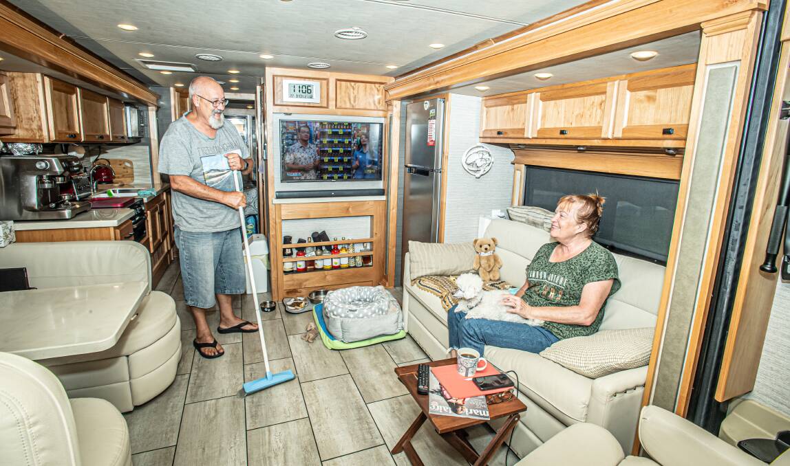 Inside the Annetts' 10.5-metre motorhome. The two large slide-out sections open up the living, dining and sleeping areas. Picture: Karleen Minney 