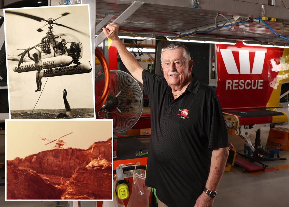 Evan Walton with a helicopter undergoing essential maintenance in Newcastle. Inset, training with a chopper in Auckland, and the first rescue mission at Merewether. Pictures by Peter Lorimer, supplied by Westpac Rescue Helicopter Service