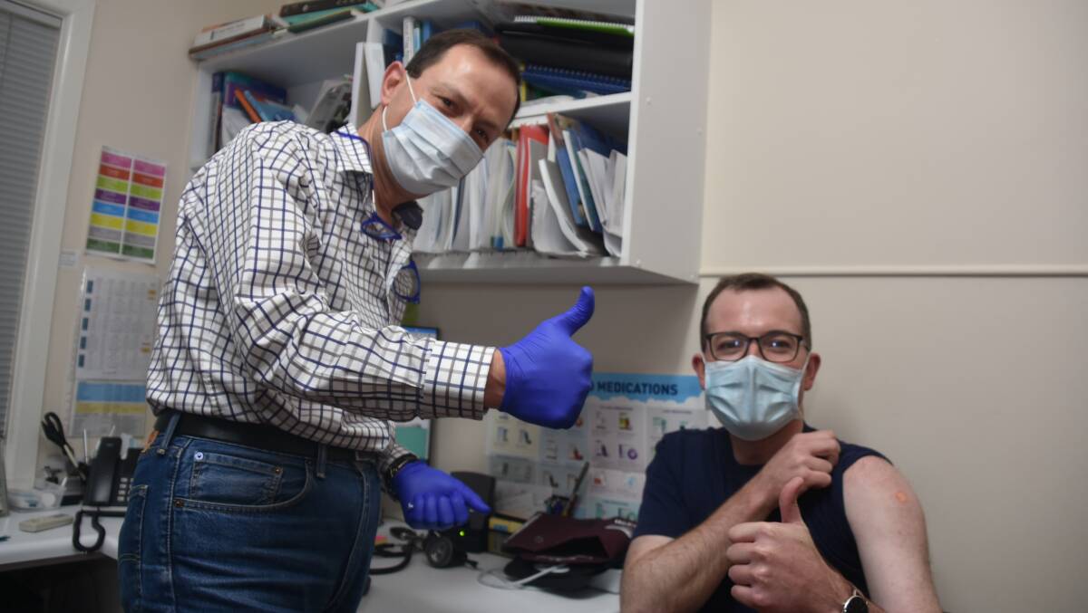 SAFE AT LAST: Uralla doctor Ricardo Alkhouri and Northern Tablelands MP Adam Marshall after his Pfizer COVID-19 jab on Thursday. Photo: Andrew Messenger